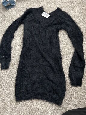 Windsor Black Fuzzy V-Neck Sweater Dress
